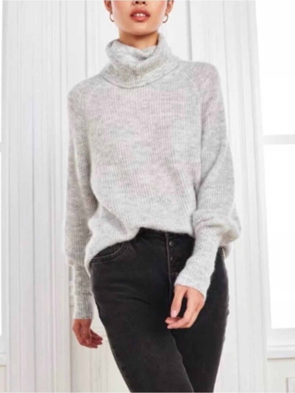 Quince Baby Alpaca Wool Blend Ribbed Turtleneck Sweater Heather Grey Small